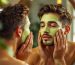 A man applies a green face mask while looking in the mirror, emphasizing natural skin lightening and whitening solutions.