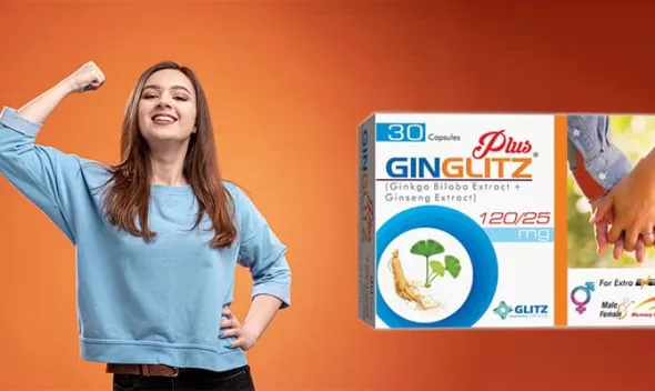 A woman flexing her arm poses next to a box of Ginglitz Plus capsules