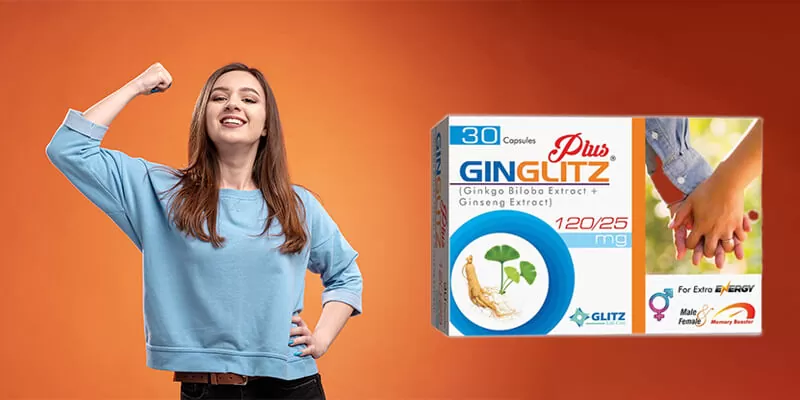 A woman flexing her arm poses next to a box of Ginglitz Plus capsules