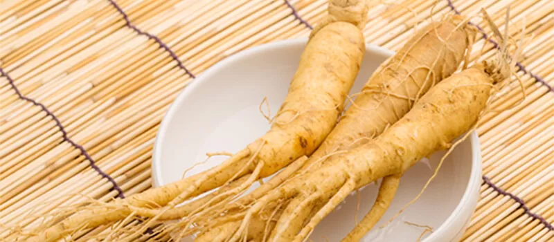 Ginseng roots in a white bowl on a bamboo mat.