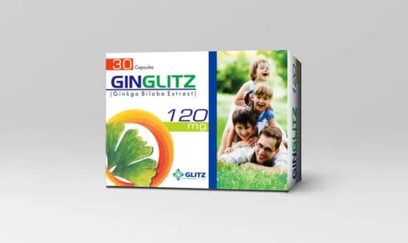 A box of 30 GINGLITZ capsules containing 120 mg of Ginkgo Biloba extract. The packaging features a green leaf illustration and a family of four smiling in a grassy outdoor setting.
