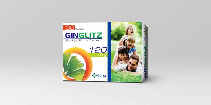 A box of 30 GINGLITZ capsules containing 120 mg of Ginkgo Biloba extract. The packaging features a green leaf illustration and a family of four smiling in a grassy outdoor setting.