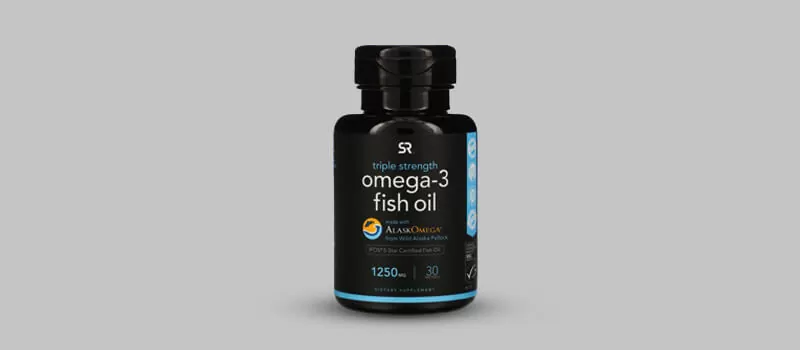 A bottle of triple strength omega-3 fish oil supplements.