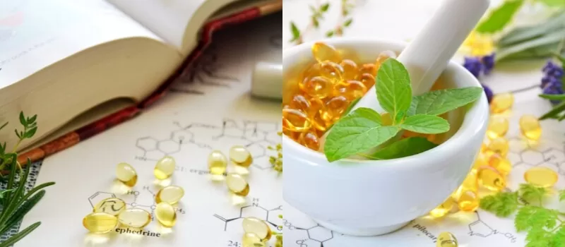 An image featuring a book on collagen supplements, a mortar, and a bowl filled with various pills.