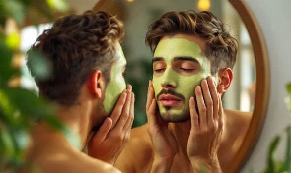 A man applies a green face mask while looking in the mirror, emphasizing natural skin lightening and whitening solutions.