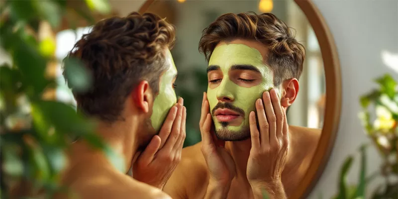 A man applies a green face mask while looking in the mirror, emphasizing natural skin lightening and whitening solutions.