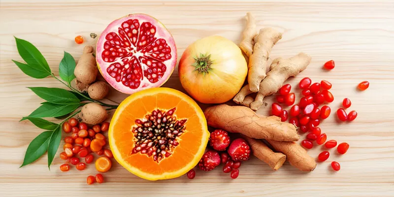 A colorful assortment of fruits and vegetables displayed on a wooden table, emphasizing natural health and beauty.